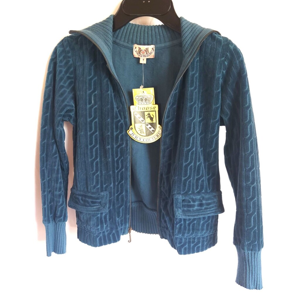 Juicy Couture Y2K Cropped Jacket Teal velvet velour Hitch Crochet VLR Sz 7 NWT